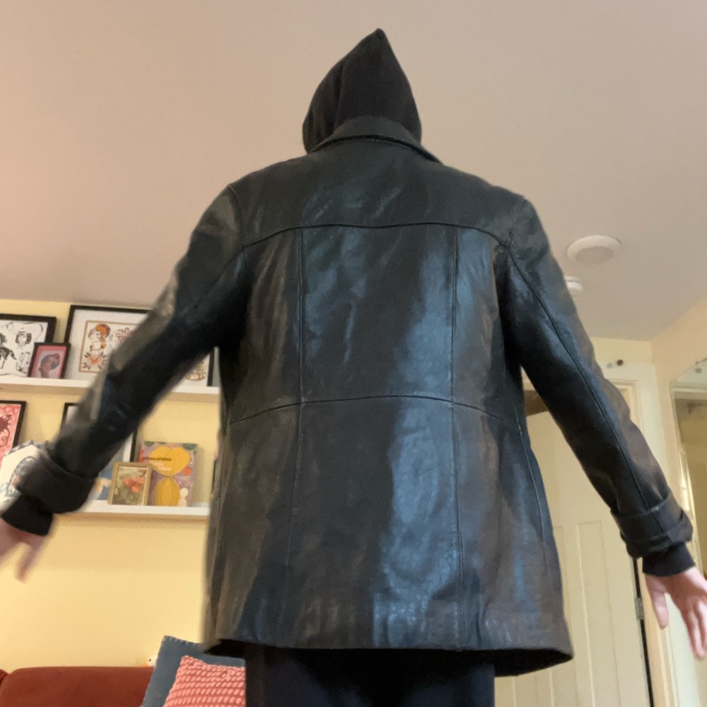 Men's Black Leather Trench Coat - Hooded Style